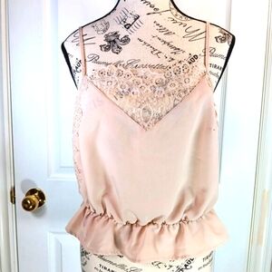 Dynamite Blouson Top Sleeveless Relaxed Fit Ruffled Hem Beige Women's Size M